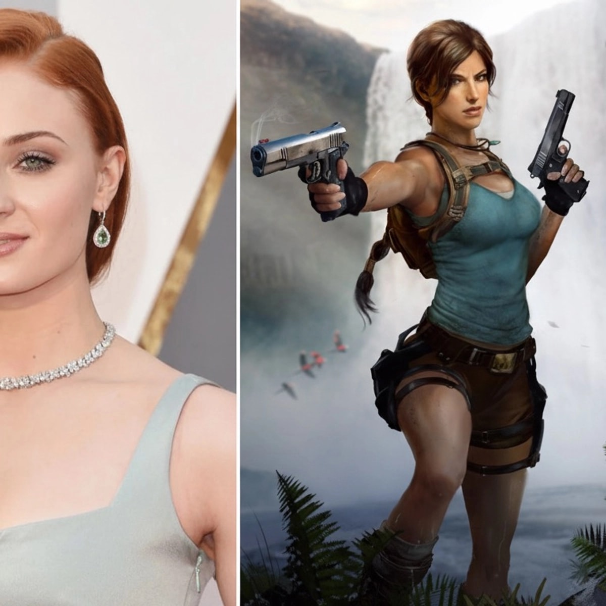 Foto von Schauspielerin Sophie Turner neben Bild von Lara Croft aus kommendem Tomb Raider-Spiel